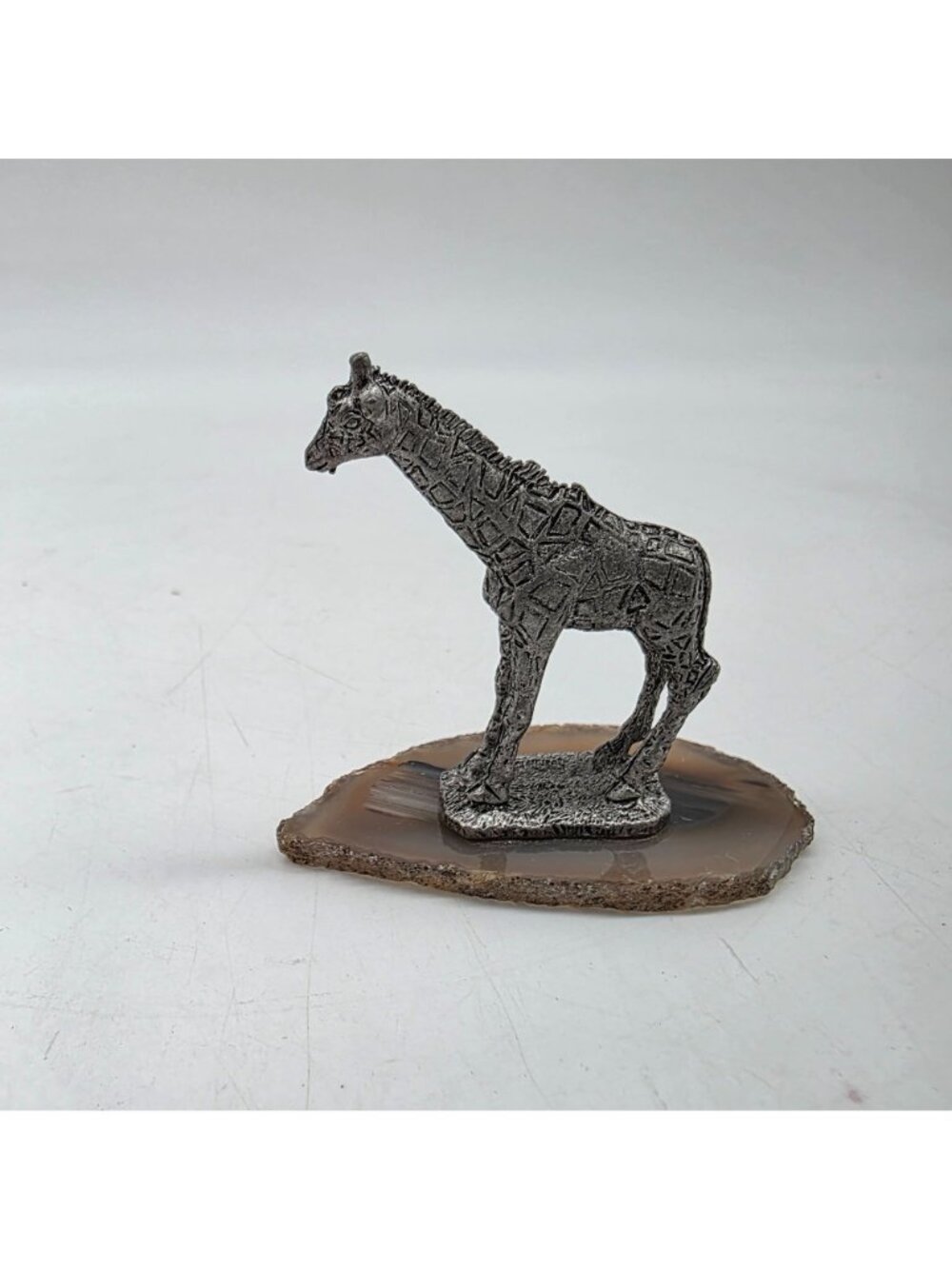 Pewter Giraffe Figurine On Polished Agate Stone Base 2" tall - Picture 3 of 8
